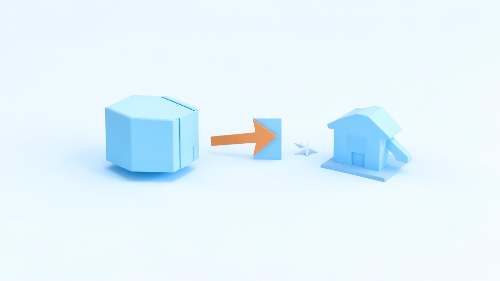 Dropshipping za začetnike: kako začeti prodajati brez lastne zaloge Dropshipping — minimalističen 3D prikaz modrega paketa, ki potuje od dobavitelja neposredno na dom kupca