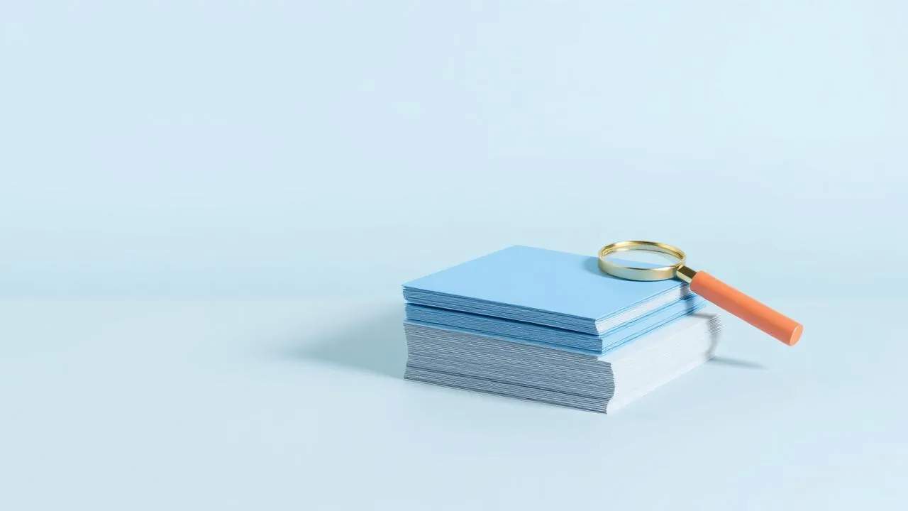 Povzetek pogojev kupish.si — minimalističen 3D prikaz dokumentov z lupo